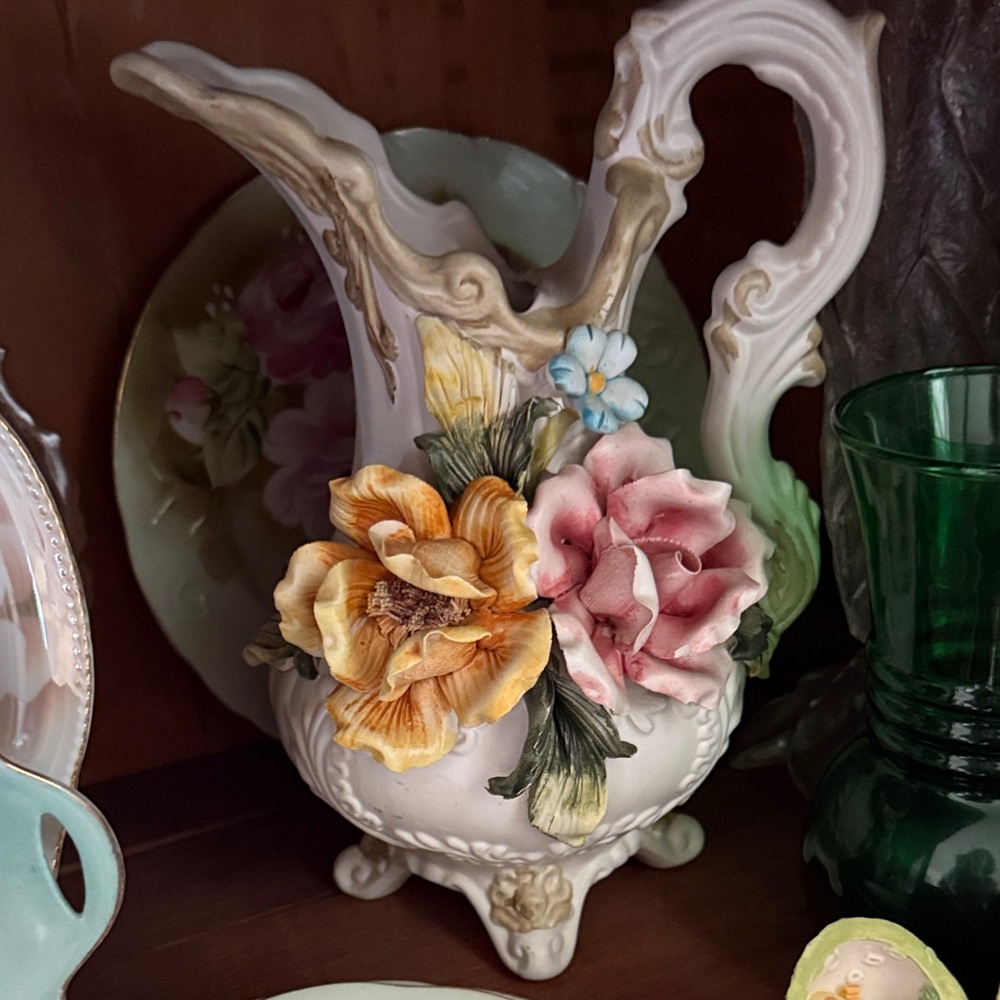 Floral Ceramic Pitcher with Sculpted Flowers
